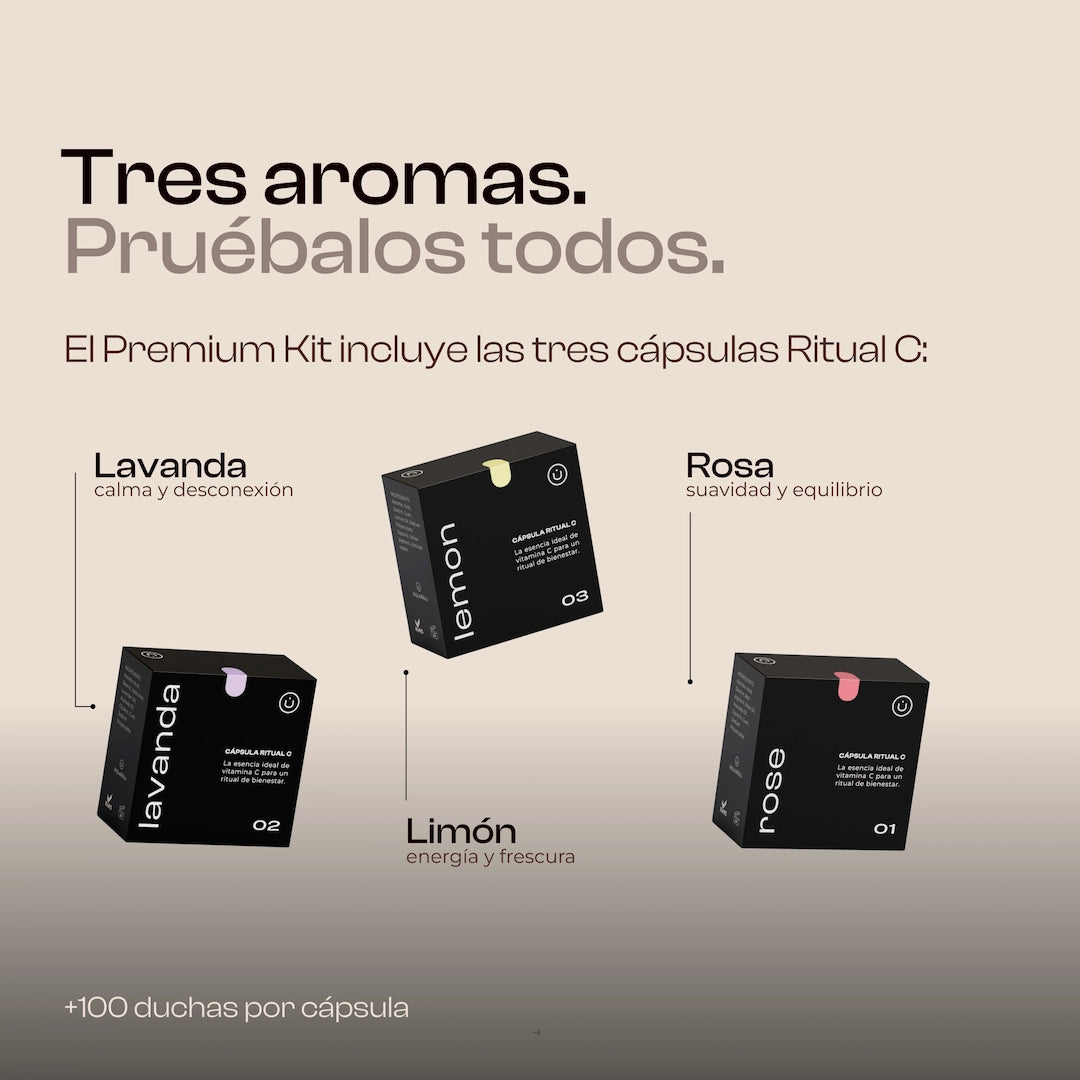 Tres aromas de cápsulas Ritual C Aqualibú: lavanda, limón y rosa para el filtro de ducha